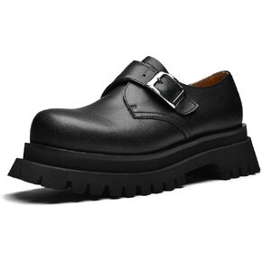 JIONS Mens Black Leather Derby Shoes Non-Slip 2.36" Thick-Soled Big Round-Toed Buckle Platform Dress Business Oxfords