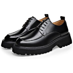 Men's Genuine Leather Lace Up Chunky Platform Oxfords Comfortable Wide Round Toe Chunky Heel Lug Sole Non-Slip Dress Shoes for Casual Work Office Business