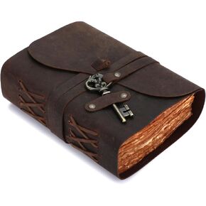 Fausta Vintage Handcrafted Leather Journal with Key for Writing, 240 Pages 7 x 5 inches, Deckled Cotton Paper Notebook/Diary for Men and Women 150 GSM Drawing/Sketchbook for Calligraphy, Rustic Brown