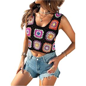 Verdusa Women's Scoop Neck Sleeveless Hollow Out Crochet Boho Crop Tank Top
