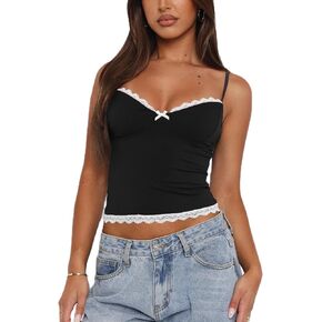 Y2k Lace Cami Tank Tops for Women Sexy Lace Trim Spaghetti Strap Camisole Backless Summer Going Out Crop Top(F-1 Lace Trim Black,S)
