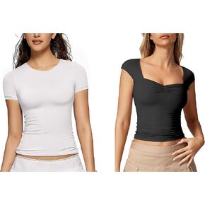 OEAK المرأة الصيف قصيرة الأكمام قمم طاقم الرقبة مزدوجة اصطف المجهزة كاب كم تانك القمم بنيت في الصدرية دعم أسود + أبيض S in Kuwait