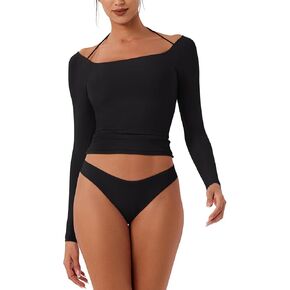REORIA Women's Long Sleeve Square Neck Top Double Layer Reversible Sexy Crop Tops 2024 Fall/Winter Designer Collection in Kuwait