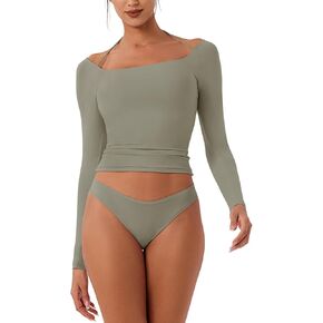 REORIA Women's Long Sleeve Square Neck Top Double Layer Reversible Sexy Crop Tops 2024 Fall/Winter Designer Collection
