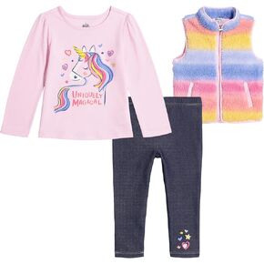 Kids Headquarters Girls 3-piece Silky Sherpa Vest Set With Long Sleeve Tee & Leggings, Everyday Wear3 Pieces Vest Set