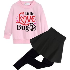 DDSOL Girls Valentine's Day Outfits 2 Piece Love Heart Clothing Set Long Sleeve Sweatshirt Top + Long Pantskirt 2-10 Years