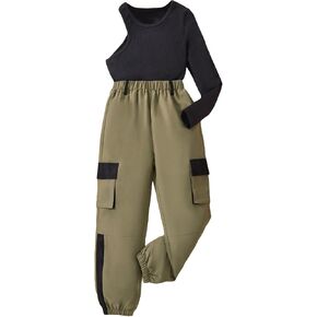 Milumia Girl's 2 Piece Outfits One Shoulder Long Sleeve Crop Tee and Cargo Pants Set