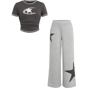 Floerns Girl's 2 Piece Outfits Y2k Street Star Print Tee Shirts with Elastic Waist Sweatpants Sets