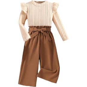Young Girls Ruffled Striped Long Sleeve Shirt and Paperbag Waist Loose Wide-leg Pants with Belts for 2-8 Years