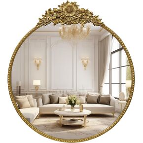 Vintage Round Mirror, 28" Baroque Style Circular Mirror, Antique Metal Frame Wall Mirror, Traditional Art Home Decor for Dressing Table, Bathroom or Bedroom,Retro Gold