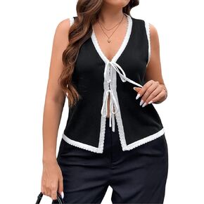 Verdusa Women's Plus Size Bow Tie Front Cardigans Color Block Sweaters Sleeveless Old Money Vest Tops