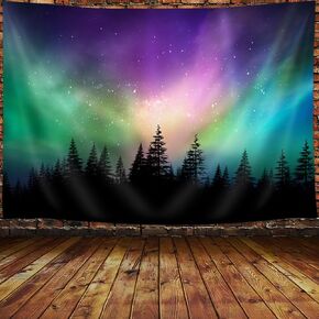Aurora Borealis Tapestry, Purple Green Northern Lights Aurora Borealis Misty Forest Tapestry Northern Lights Tapestry, Northern Lights Aurora Borealis Wall Tapestry Psychedelic Tapestry, 60X40 inch