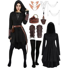 9 Pcs Women Renaissance Dress with Hood Adult Medieval Fairy Elf Costume Archer Cosplay Outfit Halloween Costumes
