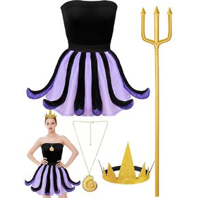 5 Pcs Women Octopus Costume Set Include Black Purple Octopus Dress Crown Conch Necklace Trident Prop Halloween Witch Cosplay