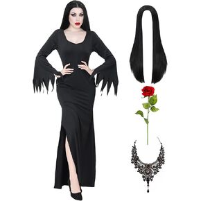 Long Black Dress for Halloween Costume Women Black Gothic Dress for Family Costume Dress Up Outfit