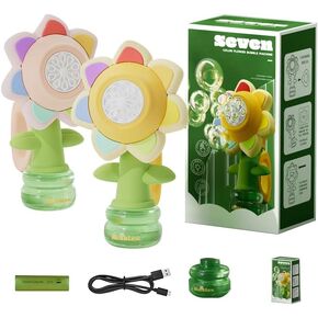 Electric Handheld Bubble Machine, Seven Color Flower Shaking Head Rotating Automatic Bubble Machine, Suitable for Boys and Girls Toys (One Click Start, Pink)