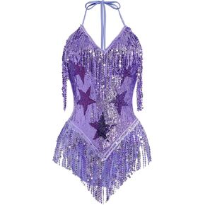 FYMNSI Women Music Festival Rave Outfits Sleeveless Sequins Tassel Bodysuit Leotards One Piece Nightclub Halloween Costume