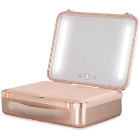 Box Rose Gold - Large Makeup Bag with LED Light Up Mirror - Quilted Metallic Vanity Case Travel Cosmetics Bag for Women - Toiletry & Make Up Organizer with Compartments & Brush Holders in Saudi Arabia