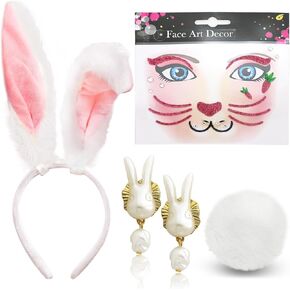 RechicGu 4Pcs Halloween Bunny Costume Accessories Set Plush Bunny Ears Headband Bunny Tail Hair Accessories for Women Cosplay