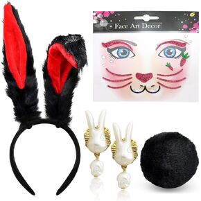 RechicGu 4Pcs Halloween Bunny Costume Accessories Set Plush Bunny Ears Headband Bunny Tail Hair Accessories for Women Cosplay