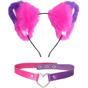 Furry Pink Purple Cat Ear Headband and Love Heart Leather Chocker for Halloween Animal Costumes Accessories