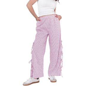 Women Y2k Striped Pants Bow Tie Side Slit Wide Leg Lounge Pants Loose Fit Plaid Gingham Going Out Pajama Trousers