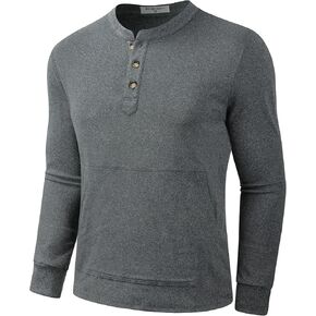 تي شيرت رجالي من Derminpro Henley بأكمام طويلة وبطانة من الصوف الصلب وخفيف الوزن حراري مع جيب الكنغر