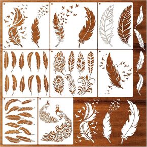 Feather Stencils for Painting on Wood, Peacock Stencils for Crafts Reusable Wood Burning Drawing Art Paint Stencils and Patterns for Wall Cake Cookie Canvas Furniture Paper