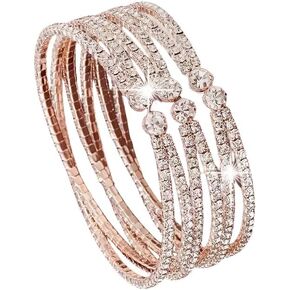 Pingyongchang Silver Multi-Layered Bridal Crystal Rhinestone Cuff Bangle Bracelets for Women Adjustable Wide Bling Upper Arm Sparkling Wedding Formal Prom Cocktail Birthday Party Accessory Gift