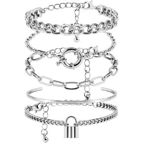 Kercisbeauty 5pcs Women Dainty Bracelet Set with Lock Toggle Clips Pendant Cuff and Chunky Chain Bracelets Punk Jewelry for Girls