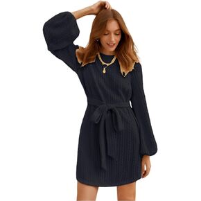 Women's Winter Sweater Dress Long Sleeve Cable Knit Belted Dress Loose Mini Tunic Pullover Sweater Dress