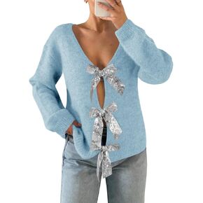 Saodimallsu Womens V Neck Long Sleeve Sweater Fall Trendy Sequin Bow Cropped Sexy Loose Knit Pullover Jumper Tops