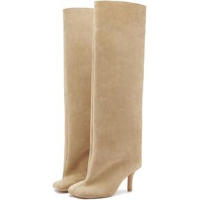 Yishaweiqi Camel Suede Knee High Boots for Women Square Toe Stiletto Heel Long Boots Pull On Tall Boots Wide-Calf Stylish Comfortable Fall Boots