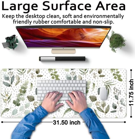 Green Mouse Pad Boho Desk Mat,Speckled Textured Greens Cool Aesthetical Mouse Pad Desk Accessories for Women Office Decor Mousepad Keyboard Pad, Non-Slip Rubber Base with Stitched Edges 31.5x11.8In in Saudi Arabia