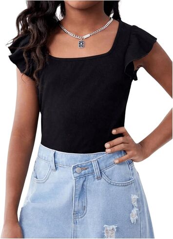 Girl's Ruffle Flutter Sleeve Square Neck T Shirts Slim Fit Ribbed Knit Tee Summer Tops in Saudi Arabia