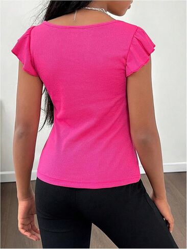 Girl's Ruffle Flutter Sleeve Square Neck T Shirts Slim Fit Ribbed Knit Tee Summer Tops in Saudi Arabia