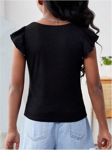Girl's Ruffle Flutter Sleeve Square Neck T Shirts Slim Fit Ribbed Knit Tee Summer Tops in Saudi Arabia