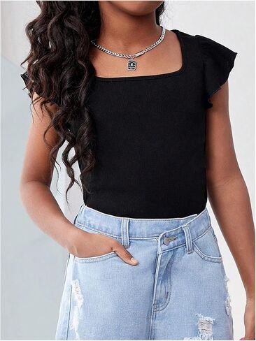 Girl's Ruffle Flutter Sleeve Square Neck T Shirts Slim Fit Ribbed Knit Tee Summer Tops in Saudi Arabia