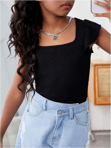 Girl's Ruffle Flutter Sleeve Square Neck T Shirts Slim Fit Ribbed Knit Tee Summer Tops in Saudi Arabia