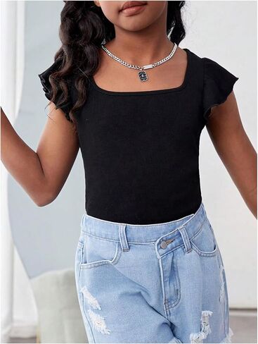 Girl's Ruffle Flutter Sleeve Square Neck T Shirts Slim Fit Ribbed Knit Tee Summer Tops in Saudi Arabia
