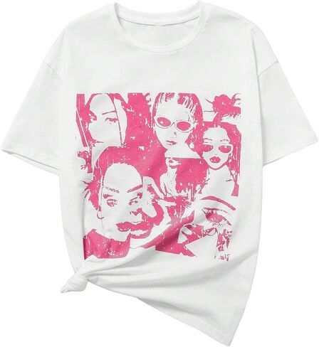 SOLY HUX Girl's Graphic Tees Figure Print Short Sleeve Drop Shoulder T Shirt Tops in Saudi Arabia