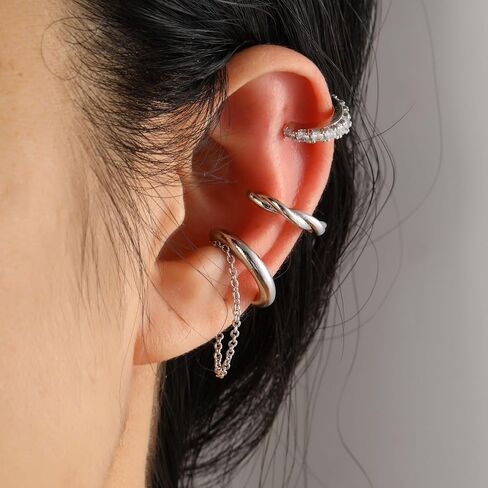 Gold Non Pierced Ear Cuffs Set for Women, Silver Cubic Zirconia Tassel Chain Helix Ear Clip,Dainty Simple Fake Cartilage Earrings in Saudi Arabia