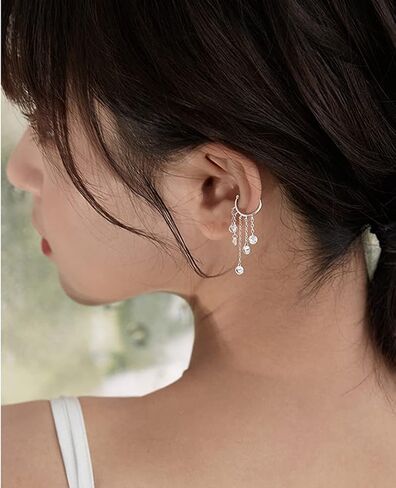 SLUYNZ 925 Sterling Silver Cuff Earrings Droplet Tassel Chain for Women No Piercing Cartilage Earrings Wrap in Saudi Arabia