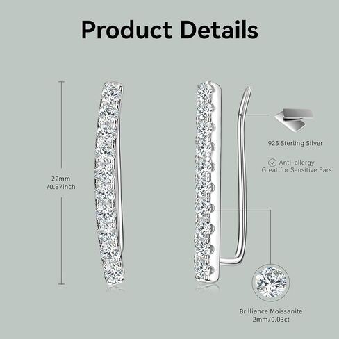 Moissanite Earring for Women Dainty Ear Climber Earrings 925 Sterling Silver Hypoallergenic Brilliant Round Cut Lab Diamond Ear Cuffs Crawler Bar Earrings Jewelry Gifts in Saudi Arabia