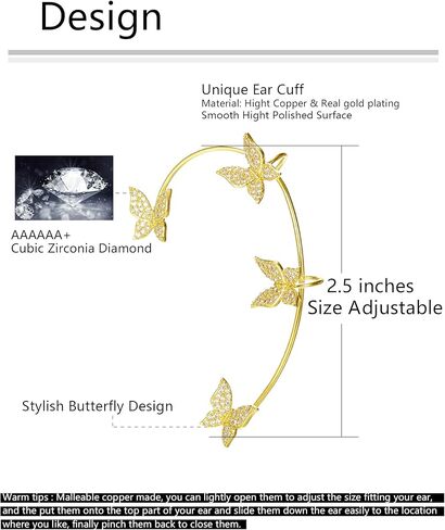 Akeoqi Zircon Butterfly Snowflake Clover Ear Cuff Earrings No Piercing Ear Clip Wrap Crawler Climber Earrings Inlaid Rhinestone Ear Clip Wrap Around Earrings for Women Silver Gold Tone in Kuwait