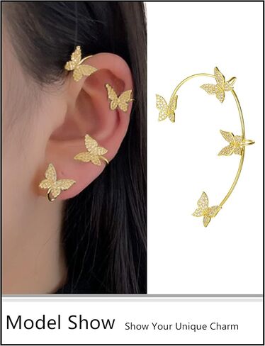 Akeoqi Zircon Butterfly Snowflake Clover Ear Cuff Earrings No Piercing Ear Clip Wrap Crawler Climber Earrings Inlaid Rhinestone Ear Clip Wrap Around Earrings for Women Silver Gold Tone in Kuwait