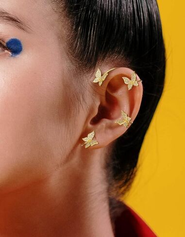 Akeoqi Zircon Butterfly Snowflake Clover Ear Cuff Earrings No Piercing Ear Clip Wrap Crawler Climber Earrings Inlaid Rhinestone Ear Clip Wrap Around Earrings for Women Silver Gold Tone in Kuwait