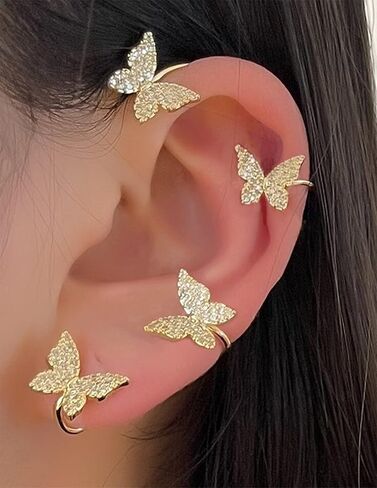 Akeoqi Zircon Butterfly Snowflake Clover Ear Cuff Earrings No Piercing Ear Clip Wrap Crawler Climber Earrings Inlaid Rhinestone Ear Clip Wrap Around Earrings for Women Silver Gold Tone in Kuwait