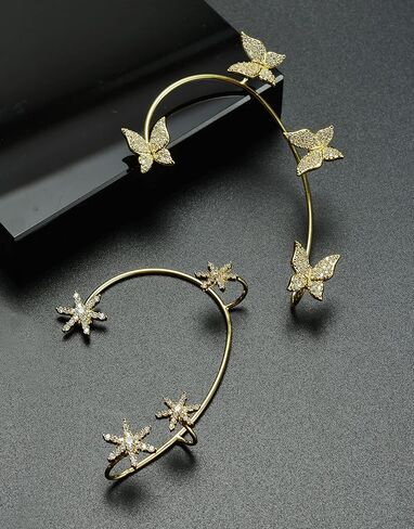 Akeoqi Zircon Butterfly Snowflake Clover Ear Cuff Earrings No Piercing Ear Clip Wrap Crawler Climber Earrings Inlaid Rhinestone Ear Clip Wrap Around Earrings for Women Silver Gold Tone in Kuwait