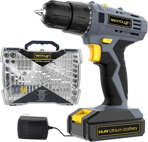 PowerTough 14.4V/16V مثقاب لاسلكي بطارية ليثيوم أيون 2 شاحن سريع متغير السرعة مجموعة أدوات مفك براغي قوية مجموعة أدوات صندوق هدايا (14.4V مع مجموعة 57 قطعة لقم الثقب) in Kuwait
